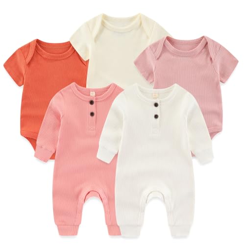Image of Ruliby Baby Bodysuit Ribbed Romper 5-pcs Soft Unisex Boy Girl Outfit Clothes Set 0-12 momth