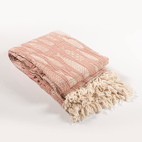 Aegean Concept Organic Handmade Vintage Boho Rustic 100% Cotton 3 Layers Super Soft 67X90 Inches, Adult Muslin Twin Sized Turkish Bedcover Bedspread Throw Blanket, Coral, Fish Pattern #TOP4