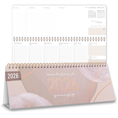Häfft Wochen-Tischkalender 2026 quer mit Aufsteller Soft Beige 1 Woche 2 Seiten Schreibtisch-Kalender mit Sprüchen Wochenkalender 29 7 x 11 6 cm - nachhaltig & klimafreundlich
