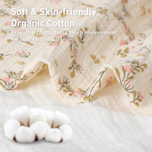 Image of Organic Cotton Muslin Baby Crib Bedding Set 3 Piece Soft for Infant Newborn Toddler Boys Girls 52 inchx28 inch, Nursery Bed Quilt Set Decor with Fitted Crib Sheet, Floral Quilted Comforter Blanket, Bed Skirt