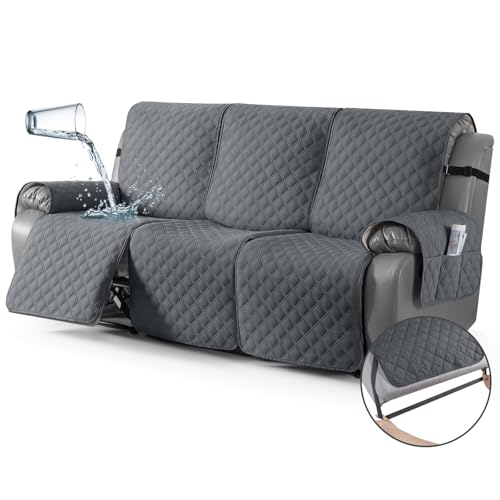 TAOCOCO 100% Waterproof Recliner Couch Covers, Recliner Sofa Covers with Leg Straps, 1-Piece Washable Reclining Sofa Cover with Pocket Couch Protector for Pets Kids(3 Seater, Dark Grey)