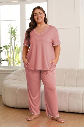 Image of Vozanet Women's Plus Size Pajama Sets Short Sleeve Long Pants Solid Color with Piping Trim Elegant Loungewear Cozy Sleepwear