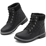 Adokoo Boots for Women Waterproof Fall Winter Ankle Boots Snow Black Combat Boots Lace Up Non Slip for Hiking Work US8 Black