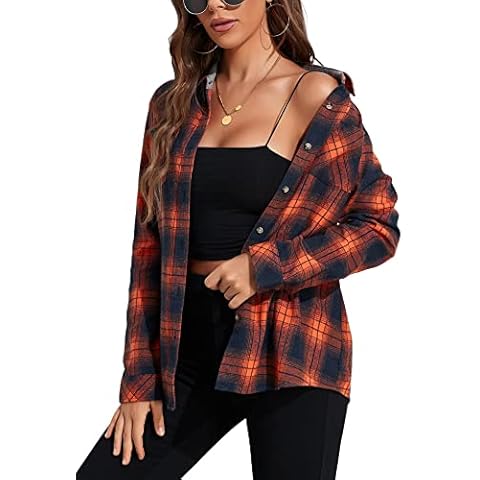 KevaMolly Plaid Long Sleeve Flannel Shirts for Women Loose Fit Boyfriend Button Down Shirt Casual Flannel Blouse Tops Orange Navy L Cover