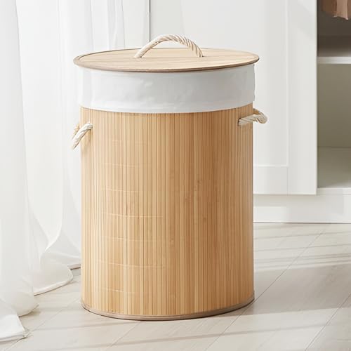 Image of iBELL Foldable 72 Litre Round Bamboo Laundry Basket with Lid | Travel Essential cloth basket | Solid Laundry Basket | Toy storage organiser |(35.5L x 35.5W x 57H)