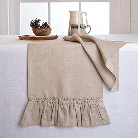 D'Moksha Homes Linen Table Runner - Ruffle Farmhouse Table Runner, 100% Pure Linen Table Runner Long, Machine Washable, Table Runners For Summer Spring Fall Winter 14 X 90 Inch Vintage Natural Cover