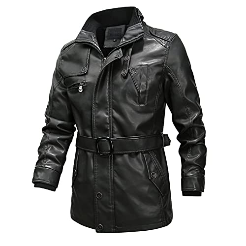 Herren Kunst-Lederjacke Bikerjacke Winter Army Jacke Stehkragen Herrenjacke Winddichte Übergangsjacke Mit Taschen Und Gürtel,Kaffee,6XL Cover