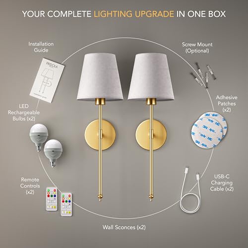 PRIDOLA Set of 2 Wireless Wall Sconces Peel & Stick with Adhesives for Easy Installation with Rechargeable LED Bulbs, Remote Controlled, Adjustable Brightness & Warmth, Living Room Wall Decor (Gold)