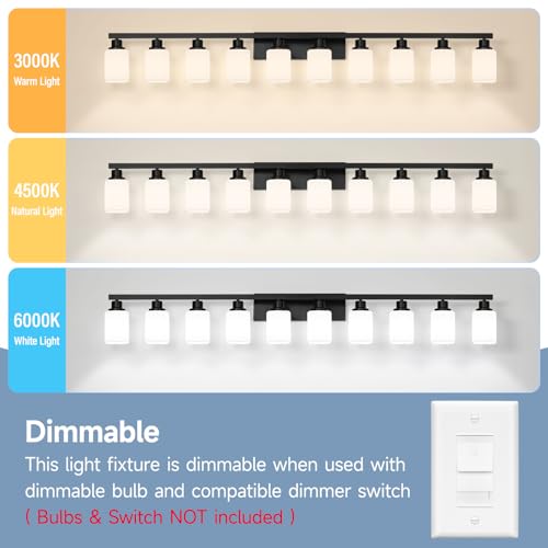 Image of 10-Light Bathroom Vanity Light,Modern Matte Black Bathroom Light Fixtures with Square Frosted Glass,64.5in Wall Sconces Over Mirror Restroom,Living Room Hallway E26