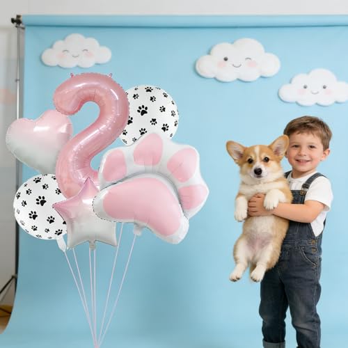 Image of 2nd Birthday Dog Paw Balloons Set,18'' Paw Prints, Heart,Star,Paw Shaped Foil Balloon 40 Inch Pink Number 2 Helium balloons for Puppy Themed Baby Shower Second Birthday Party Decorations Supplies 6PCS