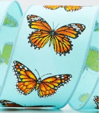 2.5 Inches Wired Blue Background Monarch Butterfly Ribbon Wreath Attachment Craft Supplies Ribbon Spring Ribbon Summer Ribbon 10 Yards