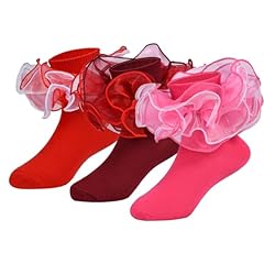 Ruffle Lace Socks for Girls - Red 3 Pairs