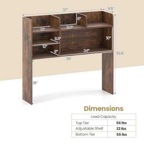 Image of Tangkula Desktop Bookshelf for Computer Up to 32 inch, 37 inch Countertop Storage Hutch with 6 Storage Shelves, 3-Tier Desktop Organizer Display Rack, Wooden Desk Hutch for Dorm Home Office (Rustic Brown)
