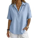 Camisetas Manga Corta Mujer Lino Algodón Camisa Verano Boho Moda Casual Botones Color Sólido Tallas Grandes Cómodo Basicas Blusas Elegantes Transpirable Trabajo Deporte,Camiseta Mujer