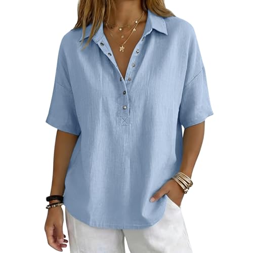 Tee Shirt Femme Col V - Tee Shirt Femme Oversize Décontracté Haut Manches Mi-Longues Confort Haut Legere Respirant Tshirt Revers Chic Et Élégant Tshirt Coupe Ample Bouton