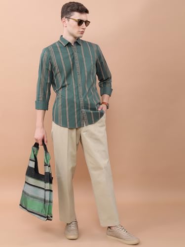 Image of Highlander Men's Slim Fit Striped Shirt | Full Sleeves | Everyday Wear Stylish Shirt for Men Green