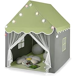 Colchóneta Para Jardin Infantil COSTWAY Carpa para Niños con Colchoneta Lavable, Luces con Forma de Estrella, Ventanas, Cremalleras Inferiores, Carpa Castillo de Hadas para Interior y Exterior para Niños y Niñas (Verde)