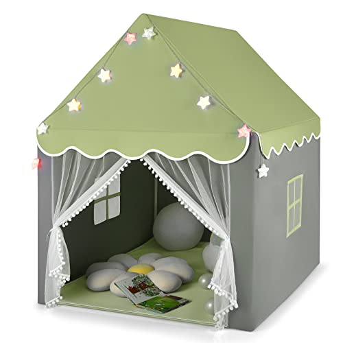 GOPLUS Kinderzelt, Spielzelt Kinder Indoor, Spielhaus mit Stern-Lichterkette, Matte, Gaze-Vorhänge & Fenstern, Spielhaus Klappzelt für Drinnen und Draußen, Geeignet für Kinder ab 3 Jahren (Grün)