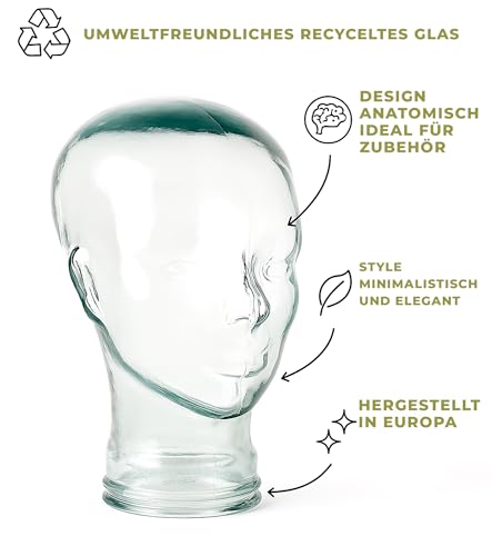Viste-lo Dekorativer Mannequinkopf, Kopf aus recyceltem Glas, Display für Glaszubehör, Hutständer, Mützen, Helme und mehr, hergestellt aus recyceltem Glas. (Kopf)