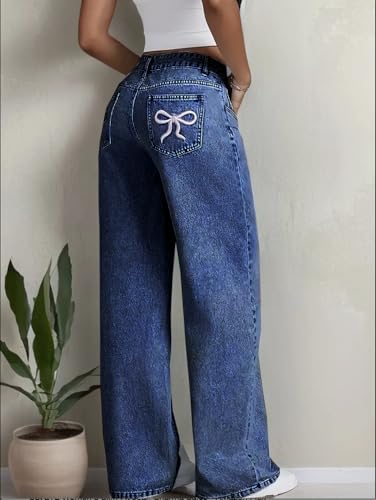 Image of Nifty Women's Denim Stretchable High Waist Light Wash Baggy Jeans || Back Pocket Bow tie Detail