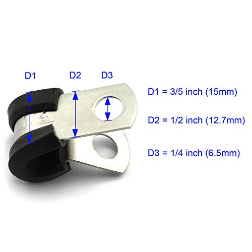 Hj Garden 6Pcs 1/4 Inch Rubber Cushioned Cable Clamp 304 Stainless Steel Buffer And Insulated Hose Clamp/R Shape Metal Clamp/Tube Holder Fastener For Tube/Pipe Or Wire Cord Installation #TOP1
