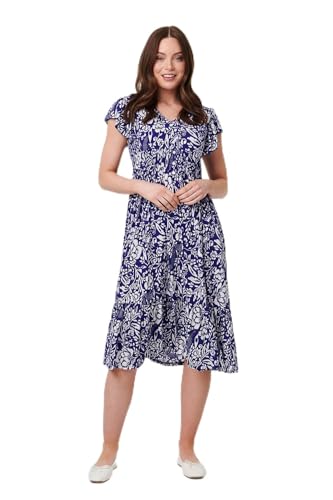 Image of Izabel London Floral Cap Sleeve Midi Dress for Women UK with a v-Neck, Front Buttons and a Shirred Waist. Blue