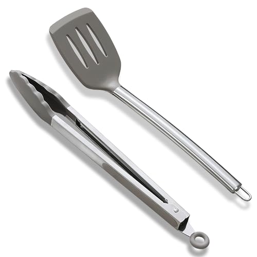 ReaNea Spatula and Cooking Tong Set, Silicone Slotted Turner, Kitchen Tong, Heat Resistant Handle Non Slip, with Silicon Tips, Dishwasher Safe