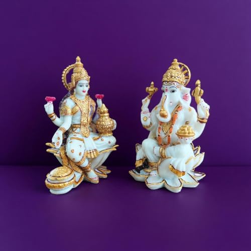 Image of YASHONIDHI Lakshmi MATA and Lord Ganesh Idol Set, White and Golden, Marble Dust, 7 Inches, Perfect for Pooja Room, Diwali Puja, Gift for All Occasions.