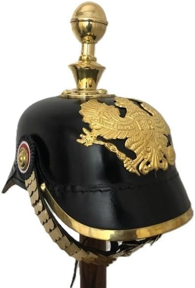 German Pickelhaube Helmet with Brass Badge, Black Military Costume Helmet, 26 x 8 x 9 inches