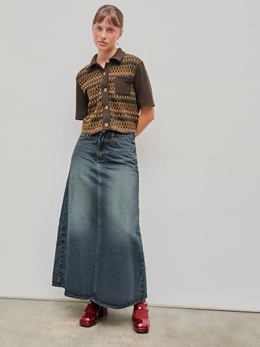 CIDER Denim Mid Waist Solid Pocket Maxi Skirt2