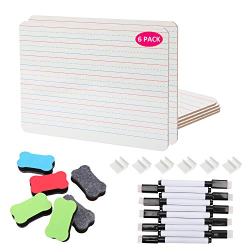 Dry Erase Board, Small Lined White Board 6 PCs, 9x12 Inch Ruled and Blank Double Sided Lap Board with 10 Markers & 6 Erasers for Kids' Learning