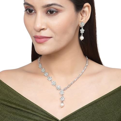 Oxidised Silver-Plated Flower American Diamond Necklace Earrings Set