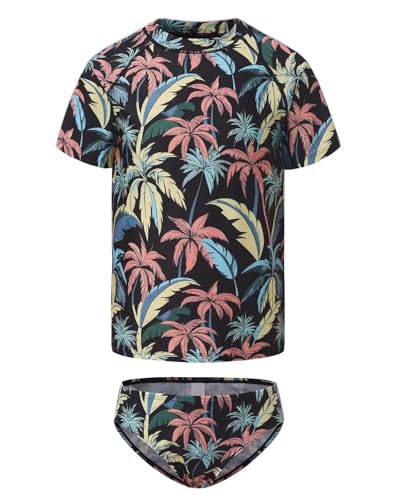 Image of Girls Two Piece Rash Guard Swimsuits Set Short Sleeve Bathing Suit for Kids Hawaiian Swimwear Set 3-16 Years