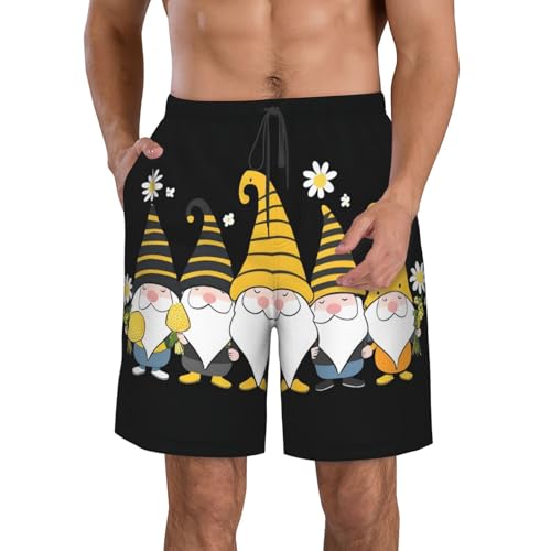 Men & Boys Fit Swim Trunks for Beach Athletic Hiking Quick Dry Drawstring Essentials Half Pants with Pockets Lining, Beachwear Sunflower Bee Cute Cartoon Gnome Black Fashion Swim Trunks