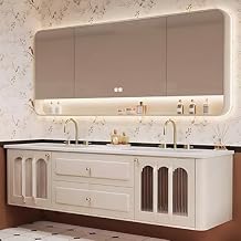 76IN Double Basin Bathroom Vanity - Bathroom Vanity with Double Sinks | Abundant Storage Space & Changhong Glass Cabinet Door, Smart One-Button Defogging | Wall-Mounted Modern Bathroom Vanity