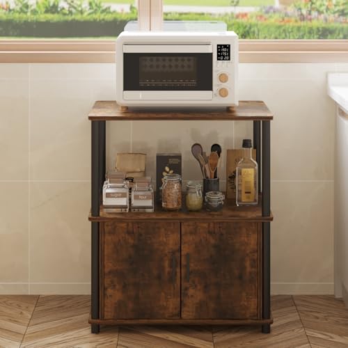 Image of Amazon Brand - Umi 2-Tier Microwave Stand with Storage Cabinet Kitchen Storage Rack Baker's Rack Bookshelf Printer Stand Multipurpose Standing Shelf Unit with Doors for Kitchen Living Room 60x39x78cm