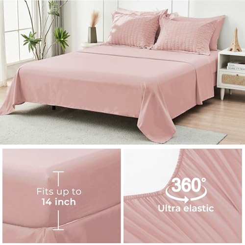 Image of HYMOKEGE Rose Gold Oversized King Comforter Set Seersucker 7 Pieces, All Season Luxury Bed in a Bag for Bedroom, Bedding Set with Comforter, Sheets, Pillowcases & Shams