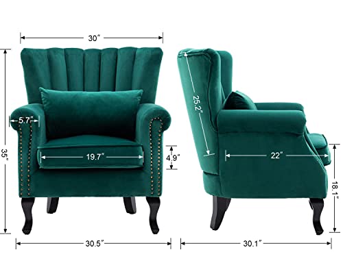 Dm Furniture Velvet Accent Chairs Set Of 2 With Arm Comfy Living Room Chair Midcentury Modern Wingback Side Chair Single Sofa Couch For Bedroom Guest Room, Green, Velvet- Green, 2 Chairs #TOP2