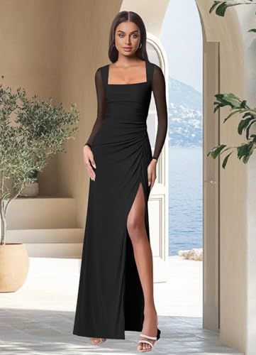 firfig Women Mesh Long Sleeve Square Neck Ruched Sheath Formal Evening Maxi Dress Cocktail Party Wedding Guest Dresses2
