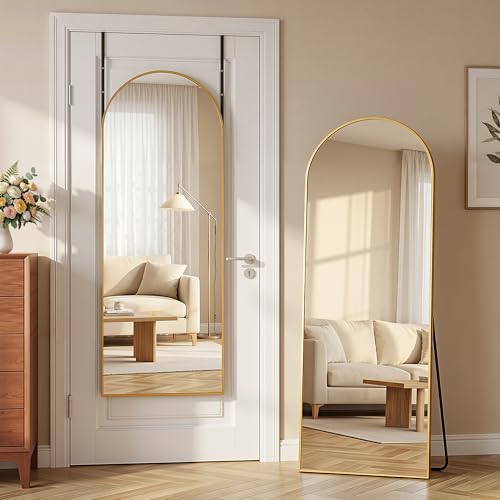 Homsion 58x20 Over The Door Mirror Arched Full Length Mirror with Aluminum Frame Adjustable Hooks Wall Mounted or Standing for Bedroom Living Room Gold