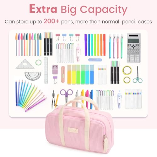 Image of Sooez Large Pencil Case Pouch, Extra Big Pencil Bag with 5 Compartments, Pen Case Wide Opening, Soft Corduroy Pen Bag Organizer with Zipper, Cute Aesthetic School Supplies for Teen Girls, Pink