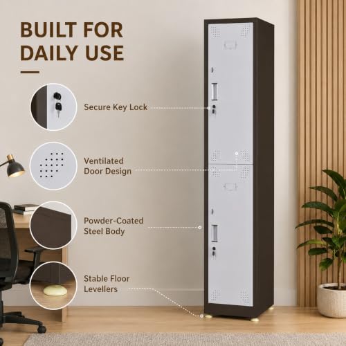 Image of Amazon Brand - Solimo 2 Door Steel Staff Locker Cabinet | Heavy Duty Lockable Storage Cupboard for Office Gym School Hostel Home | Powder Coated Metal Personal Storage Locker (Brown)