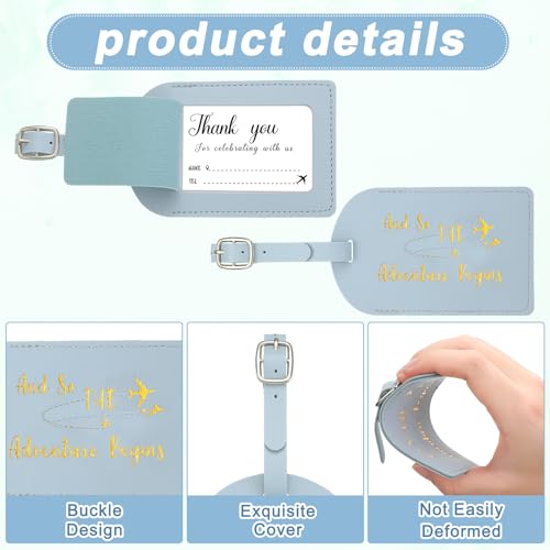 Sweetude 48 Sets Leather Luggage Tag Bulk and So The Adventure Begins Luggage Tags with Name Card for Wedding Bridal Shower Bachelorette Honeymoon Travel Graduation Gifts(Haze Blue)3