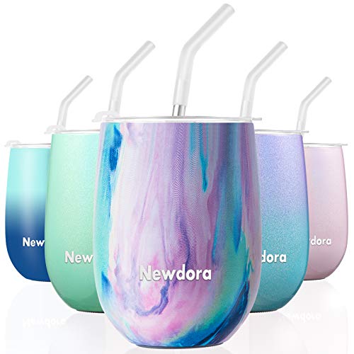 Newdora 12OZ Weinbecher Weingläser Thermobecher Trinkbecher aus Edelstahl Kaffeebecher to go Auslaufsicher Doppelwandiger vakuumisolierter mit Deckel für Wein,Kaffee,Getränke 380 ml(Irisierend)