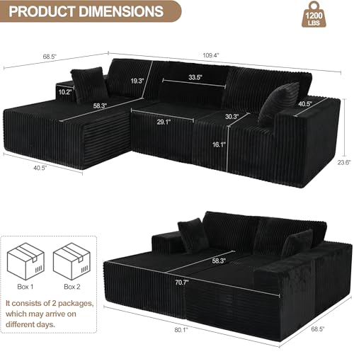 Image of L Shaped Modular Boneless Sectional Couches for Living Room, Wide Armrest, Deep Seat, Memory Foam, Assembly Free, Modern Comfy Corduroy Fluffy Cloud Sofa with Left Chaise, Black