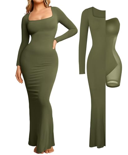 Image of Popilush Long Sleeve Formal Dress with Built in Shapewear Bra Maxi Dress | Light Tummy Control, Square Neck, Floor Length, Removable Cups, Wedding Guest Evening Bodycon Dress