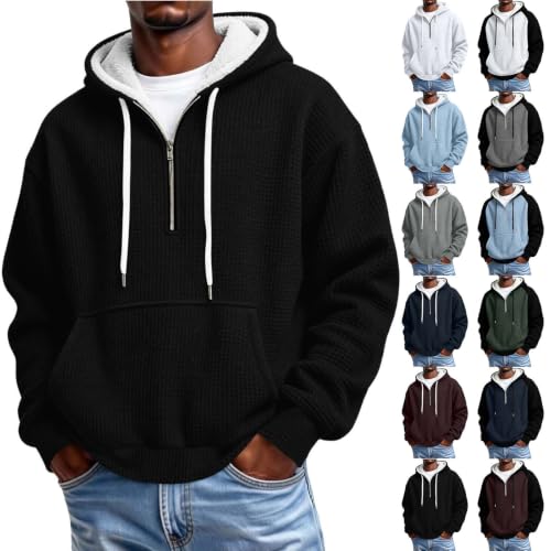 Mens Quarter Zip Hoodie Sherpa Lined Waffle Knit Pullover with Pocket - image 1