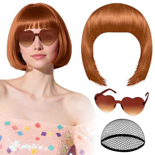 PLULON Maroon Bob Wig with Heart Glasses Hair Cap Neon Colored Party Wigs
