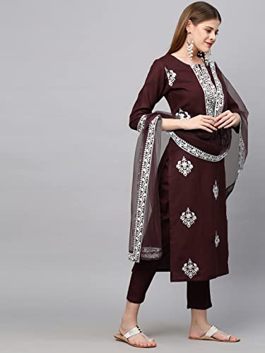 Image of GoSriKi Women's Cotton Blend Straight Embroidered Kurta with Pant & Dupatta