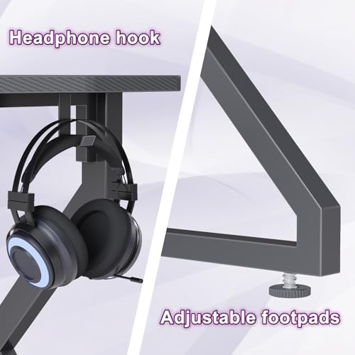 Image of Grandder Gaming Desk Z Shaped 47 Inch Gamer Workstation, Home Computer Carbon Fiber Surface Gaming Desk PC Table with Headphone Hook, Carbon Fiber Grey